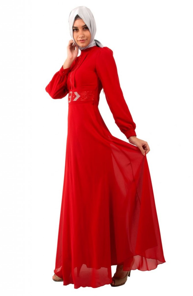 Kırmızı tesettür abiye elbise modeli